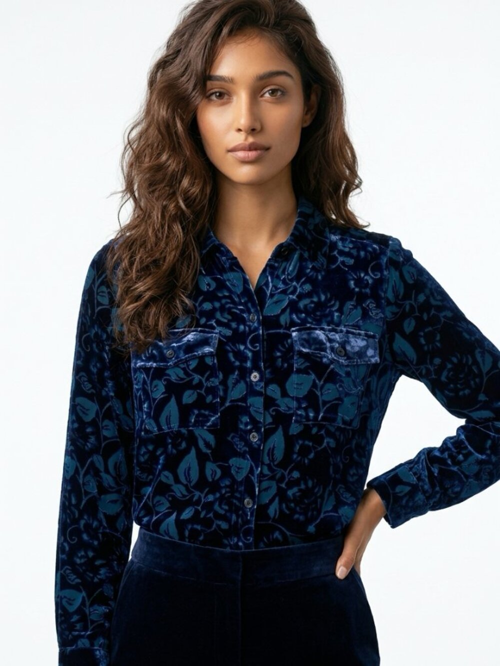 Blue Floral Burnout Velvet Sheer Button Front Blouse Approx M
